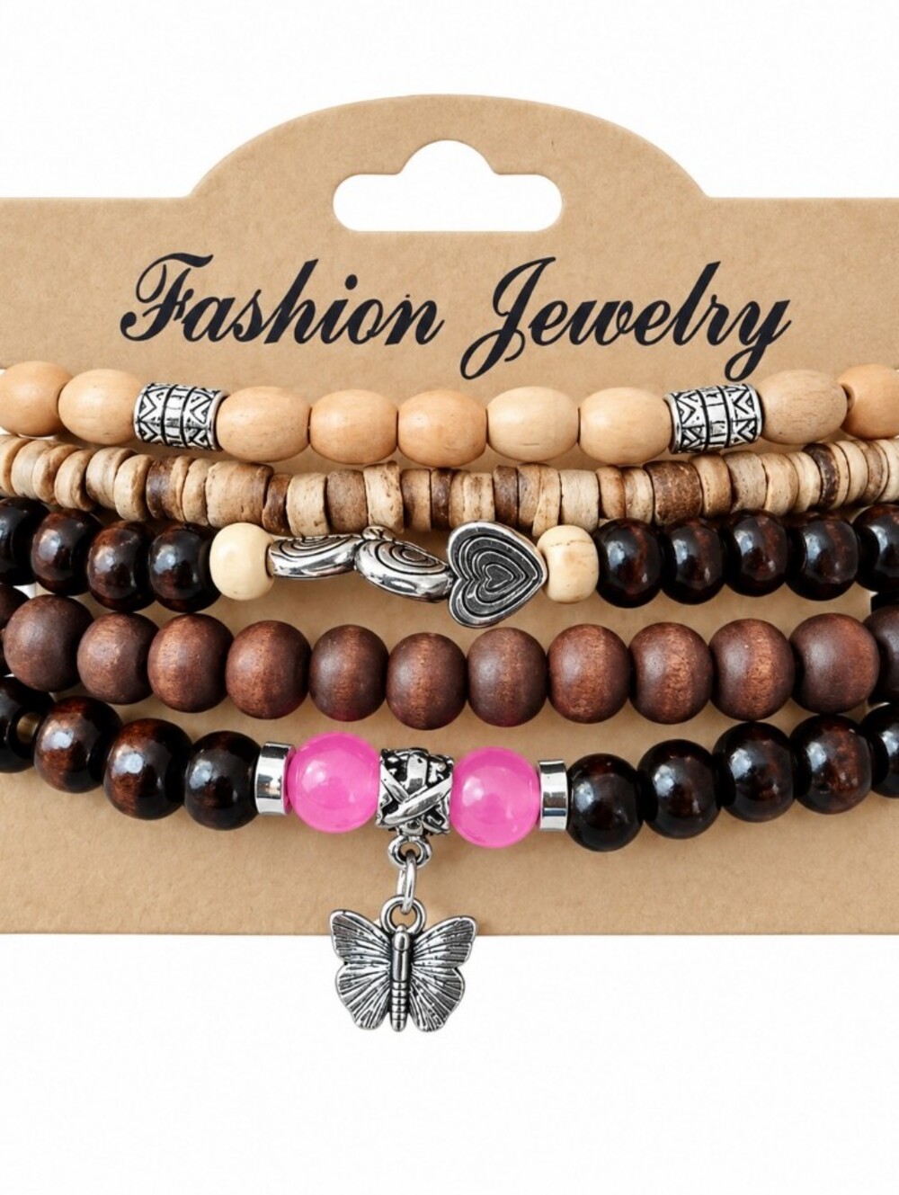 Beaded Bracelet Stack Brown Black Pink Silver Charms